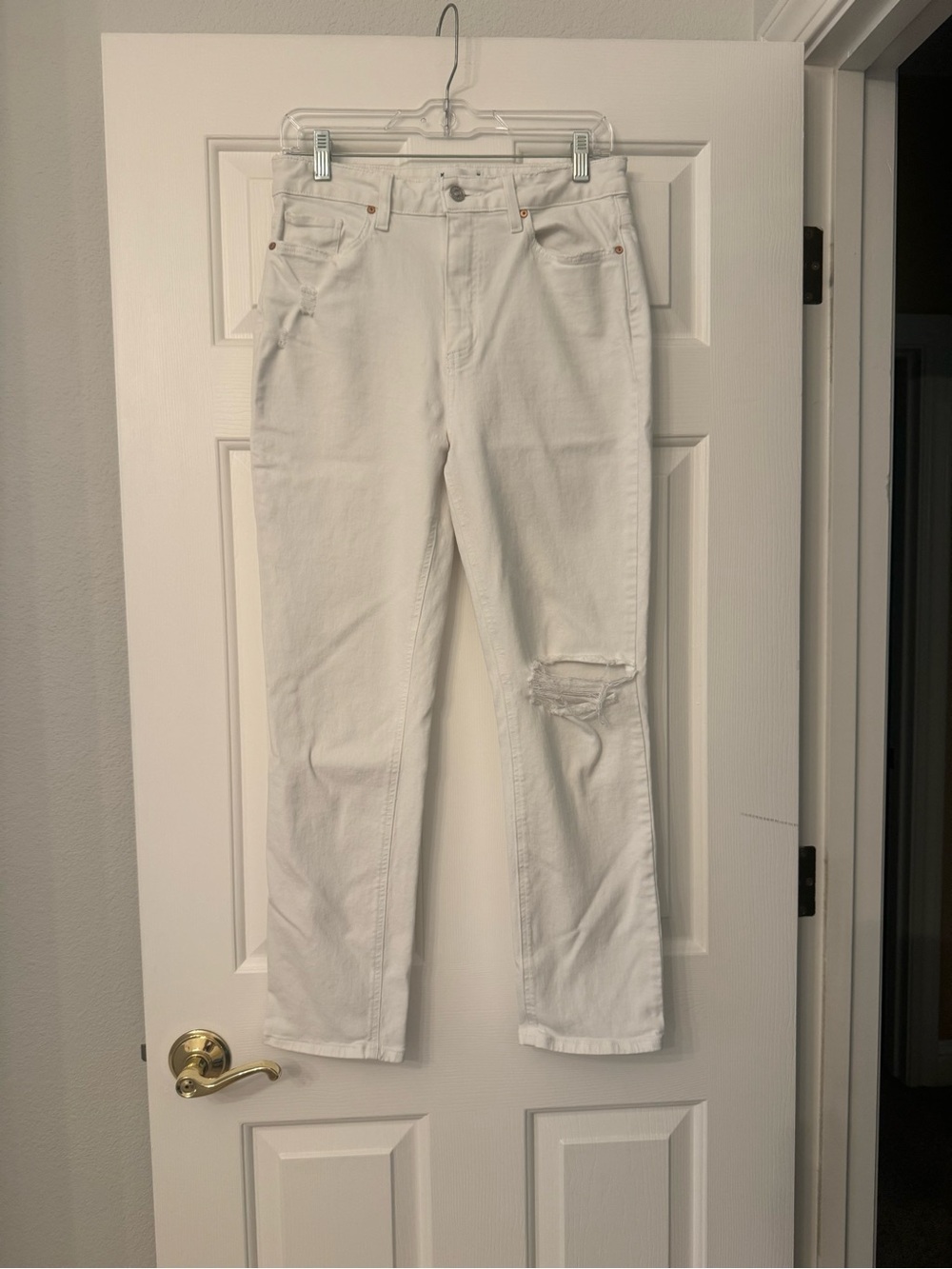 PAIGE Sarah Slim High Rise Straight Leg White Jeans With Distressing, Sz 30